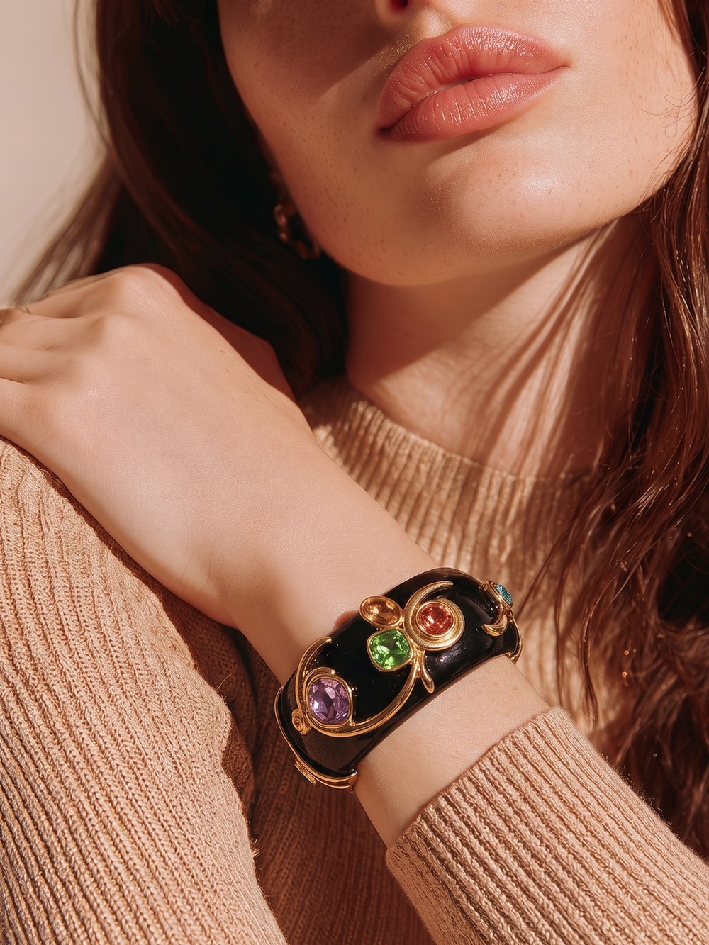 Elegant Black Enamel Cuff Bracelet with Multi-Gem Accents by Catwalk Jon